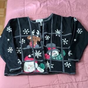Festive Black Cardigan with Snowman and Santa Design